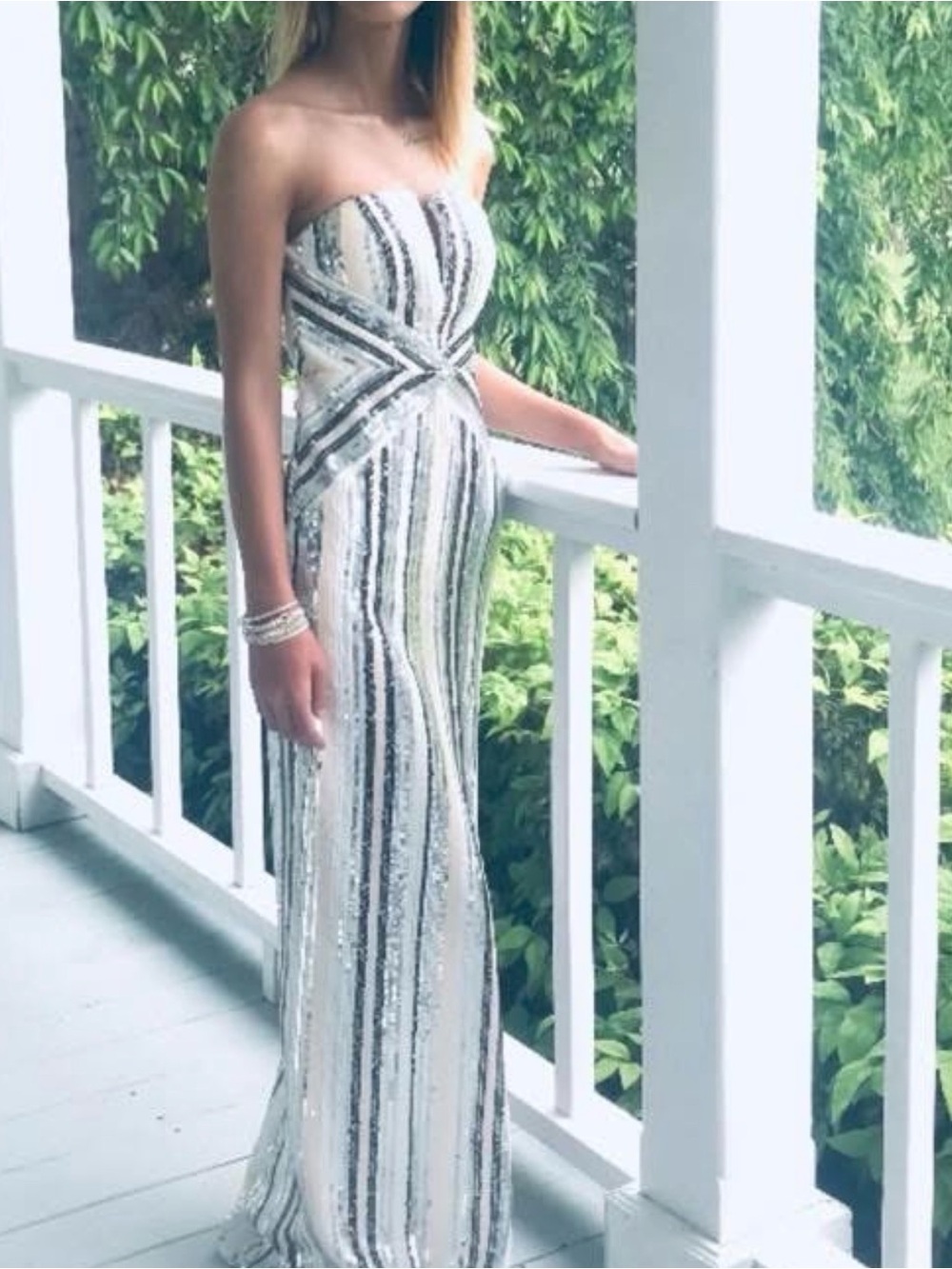 Lulu's Strapless Sequin Column Dress in White and Silver